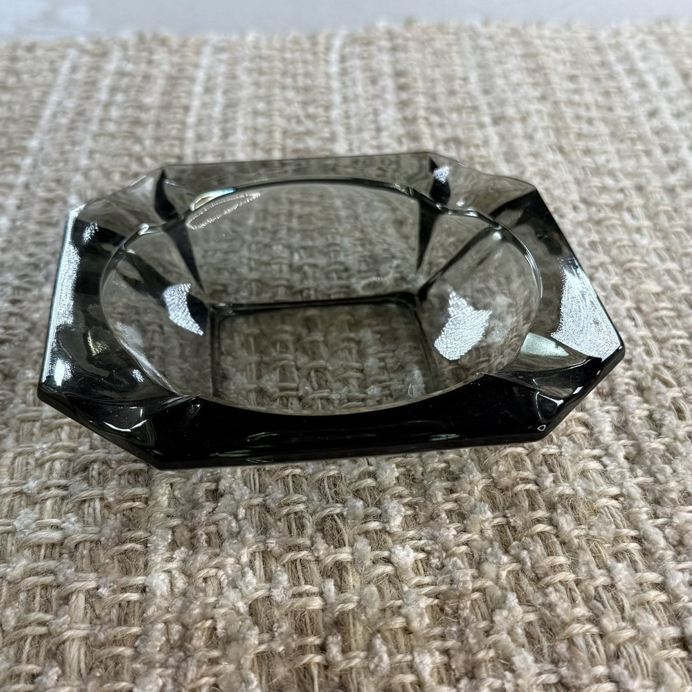Vintage Black Glass Ashtray MCM Steel Gray Smoke Charcoal